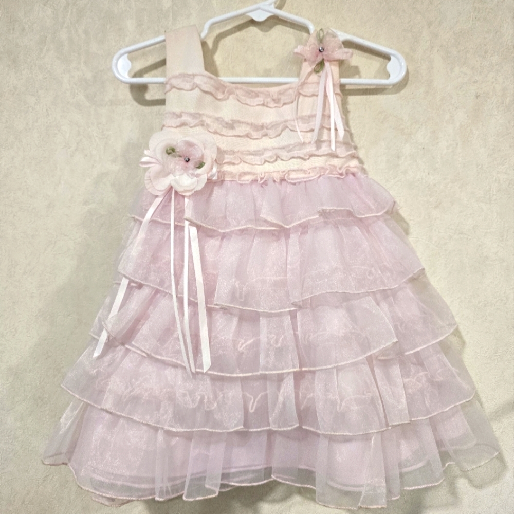 Rare Editions Pink Ruffled Baby Dress with Floral Accents